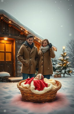 A magical realism scene set in winter, featuring a young couple standing in front of a rustic house covered in snow