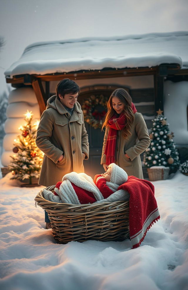 A magical realism scene set in winter, featuring a young couple standing in front of a rustic house covered in snow