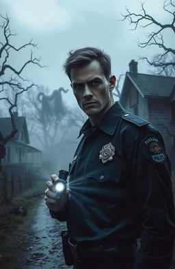 A chilling scene set in a cursed village, featuring a male police officer as the main character