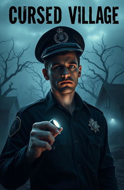 A chilling scene set in a cursed village, featuring a male police officer as the main character