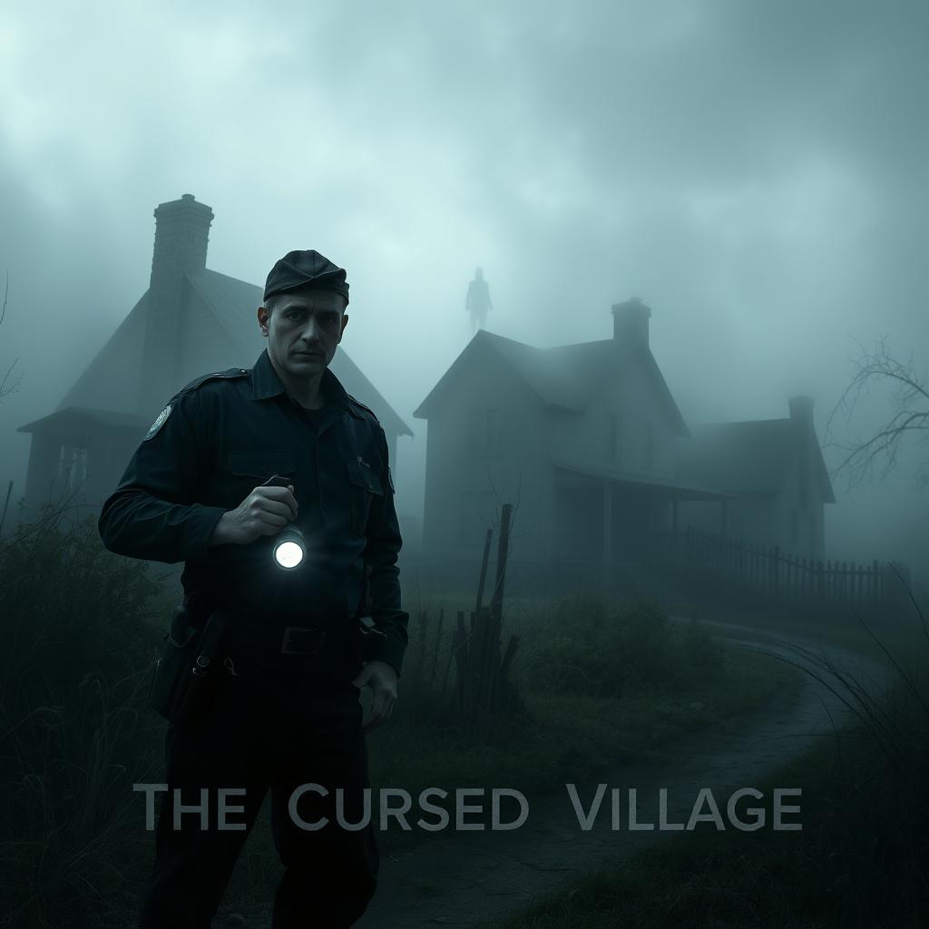 A hauntingly atmospheric scene from a horror story titled 'The Cursed Village', featuring a male police officer as the main character