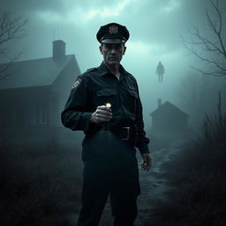 A hauntingly atmospheric scene from a horror story titled 'The Cursed Village', featuring a male police officer as the main character