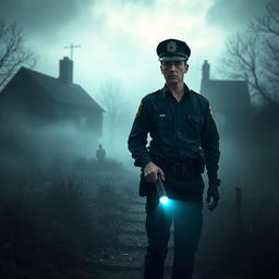 A hauntingly atmospheric scene from a horror story titled 'The Cursed Village', featuring a male police officer as the main character