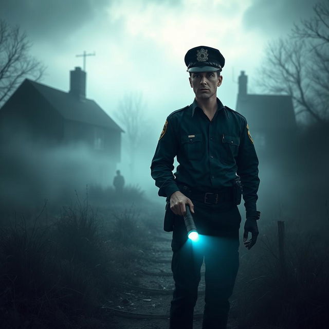 A hauntingly atmospheric scene from a horror story titled 'The Cursed Village', featuring a male police officer as the main character