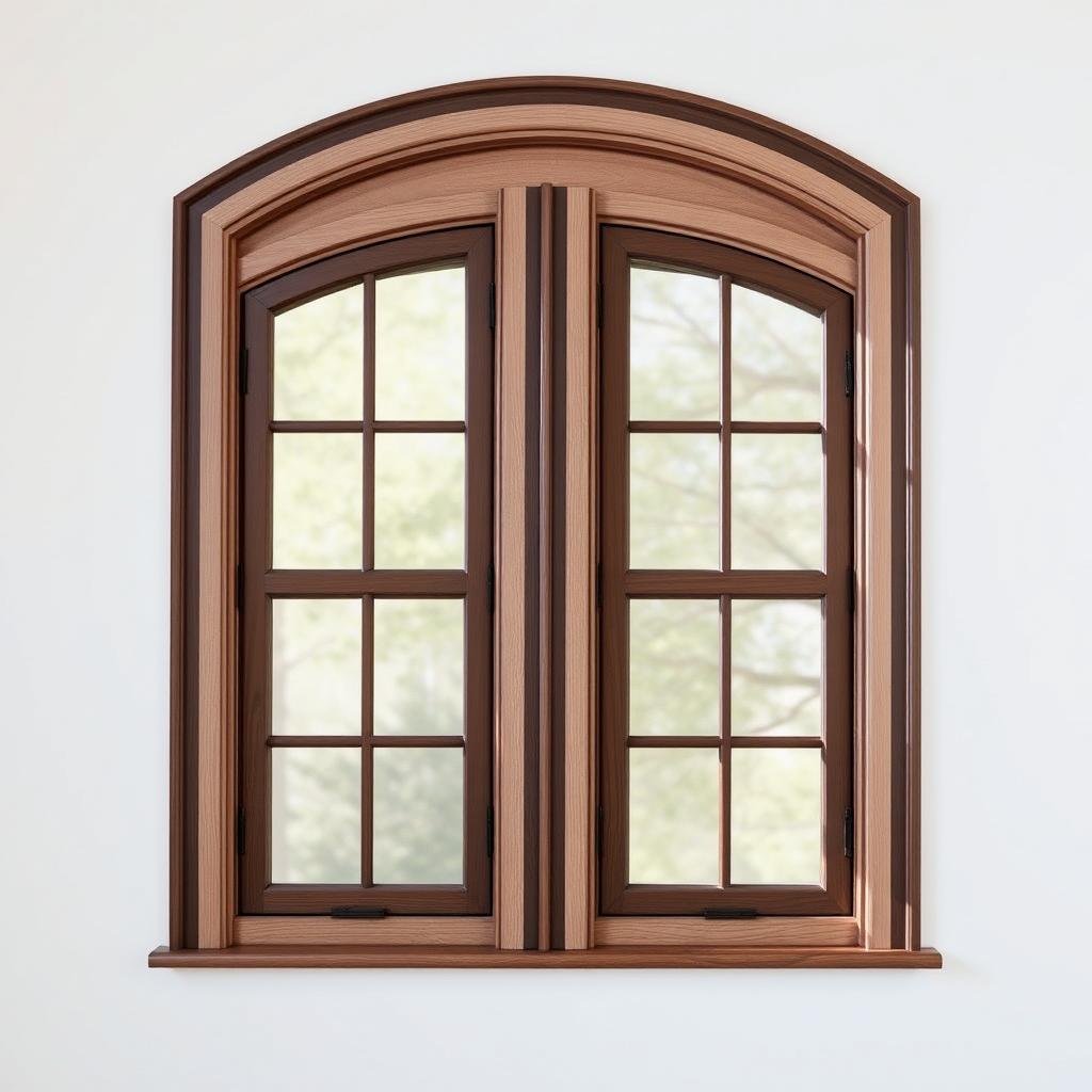 An elegant arched window showcasing two spacious panes, framed with beautifully designed striped frames