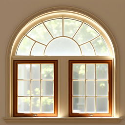 An elegant arched window showcasing two spacious panes, framed with beautifully designed striped frames