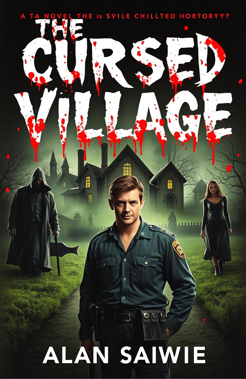 A chilling book cover for a novel titled 'The Cursed Village' featuring blood-splattered title text