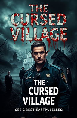 A chilling book cover for a novel titled 'The Cursed Village' featuring blood-splattered title text