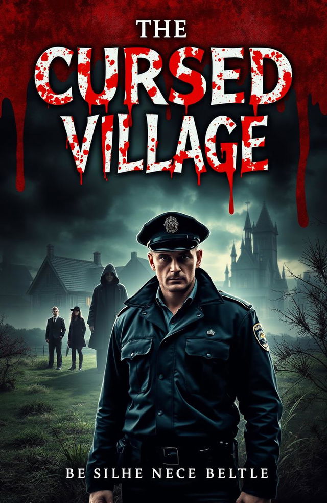 A chilling book cover for a novel titled 'The Cursed Village' featuring blood-splattered title text