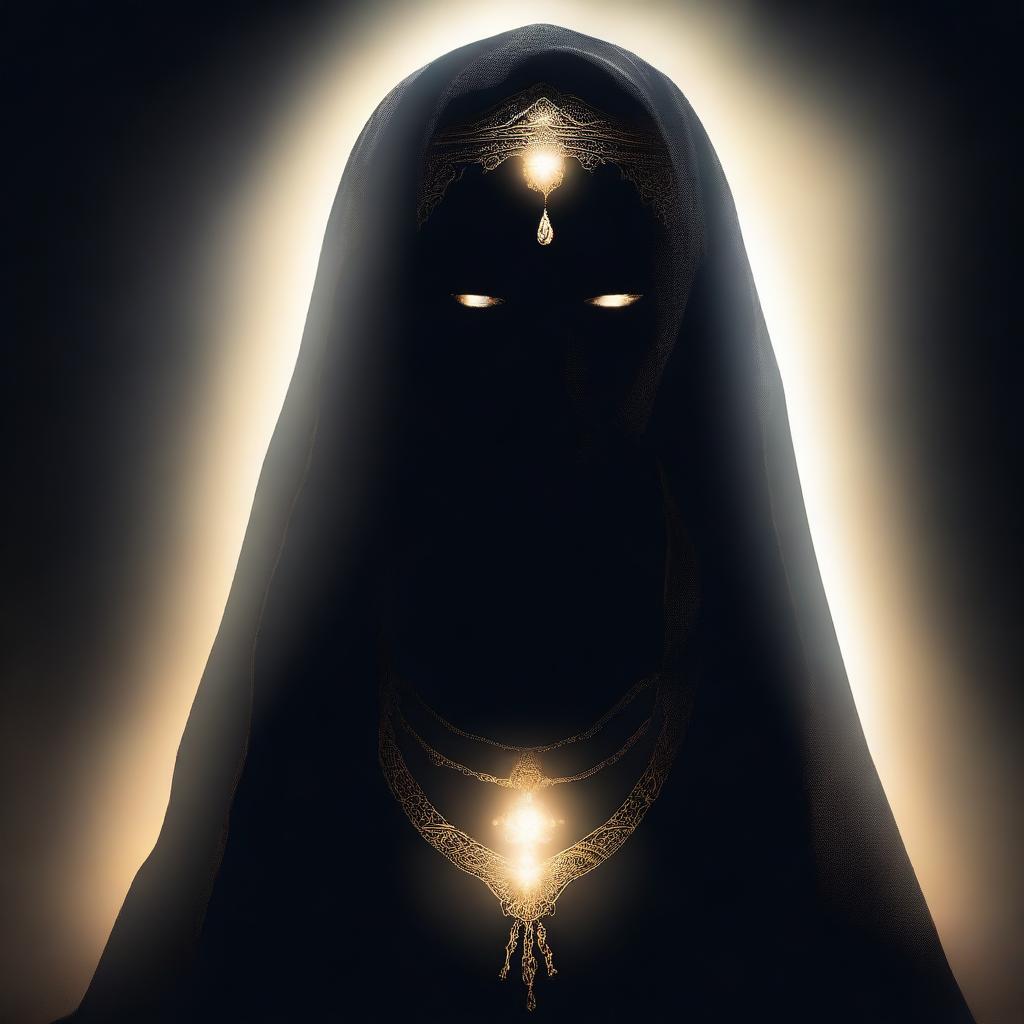 A high-quality digital art image depicting a mysterious goddess shrouded in darkness