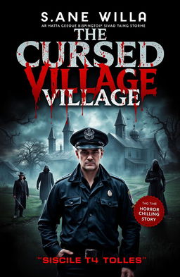 A chilling book cover for a novel titled 'The Cursed Village' featuring blood-splattered title text
