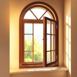 An artistic depiction of an arched window featuring solid striped frames, designed elegantly with two clear, shining panes