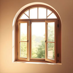 An artistic depiction of an arched window featuring solid striped frames, designed elegantly with two clear, shining panes