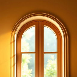 An artistic depiction of an arched window featuring solid striped frames, designed elegantly with two clear, shining panes