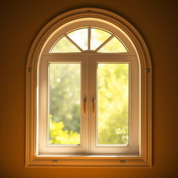 An artistic depiction of an arched window featuring solid striped frames, designed elegantly with two clear, shining panes