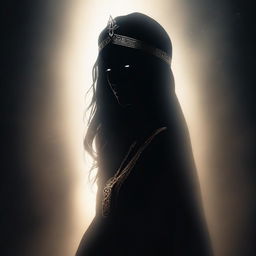 A high-quality digital art image depicting a mysterious goddess shrouded in darkness