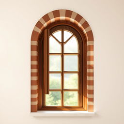 An artistic depiction of an arched window featuring solid striped row frames, elegantly crafted with two transparent panes