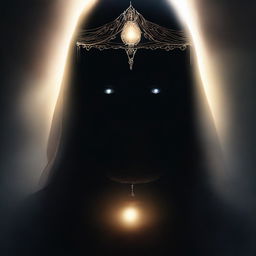 A high-quality digital art image depicting a mysterious goddess shrouded in darkness