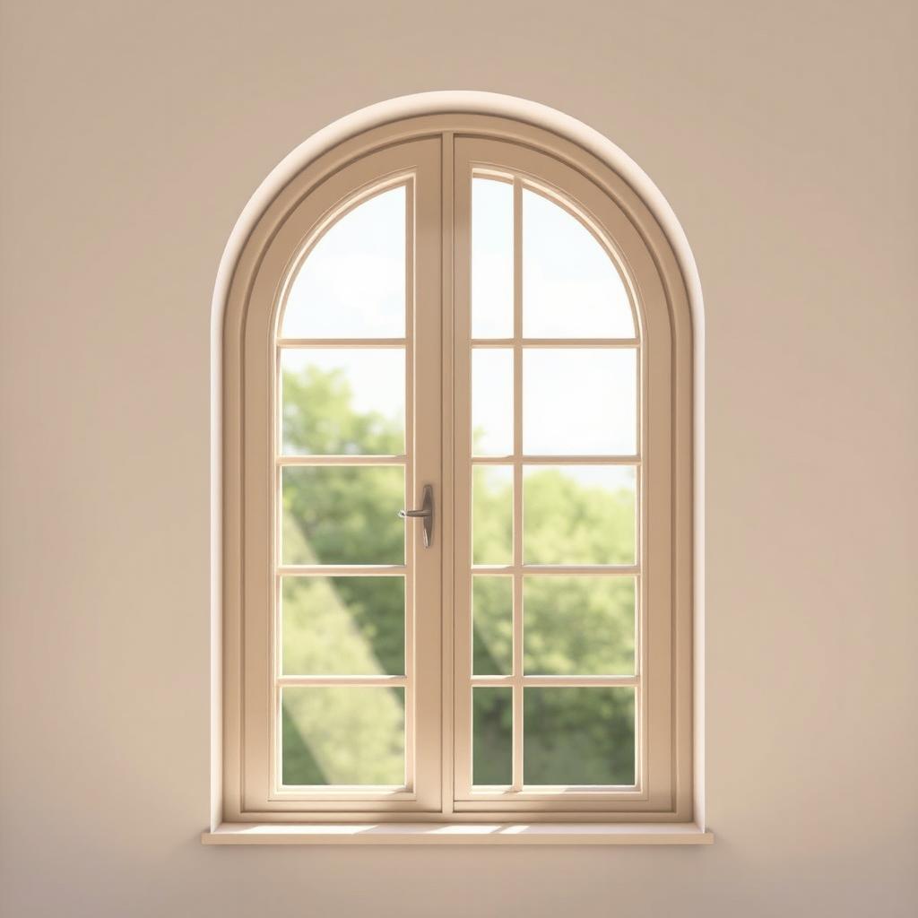 An artistic depiction of an arched window featuring solid striped row frames, elegantly crafted with two transparent panes