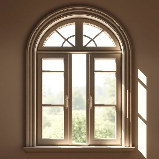 An artistic depiction of an arched window featuring solid striped row frames, elegantly crafted with two transparent panes