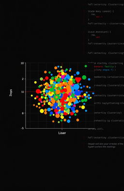 A visually engaging representation of clustering analysis performed in R, showcasing a colorful scatter plot with distinct clusters marked by different colors and shapes