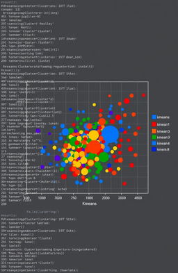 A visually engaging representation of clustering analysis performed in R, showcasing a colorful scatter plot with distinct clusters marked by different colors and shapes