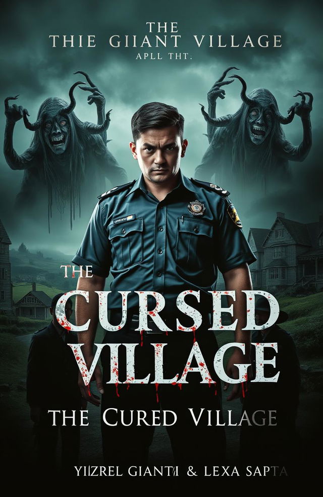 A chilling horror novel cover for "The Cursed Village" featuring a male police officer as the main character, standing resolutely but with a hint of fear