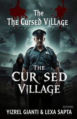 A chilling horror novel cover for "The Cursed Village" featuring a male police officer as the main character, standing resolutely but with a hint of fear