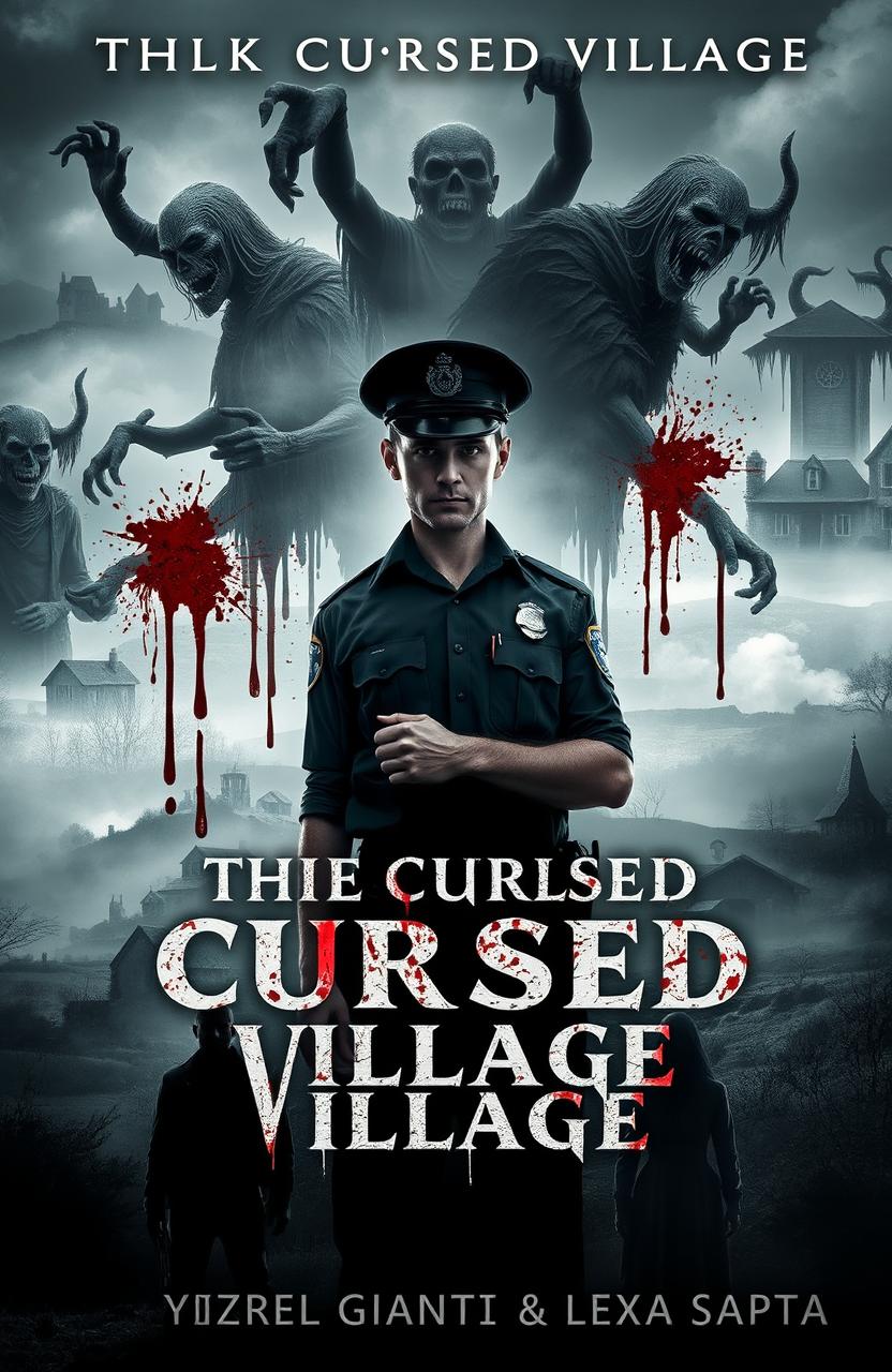 A chilling horror novel cover for "The Cursed Village" featuring a male police officer as the main character, standing resolutely but with a hint of fear