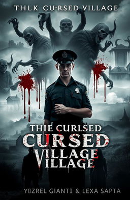 A chilling horror novel cover for "The Cursed Village" featuring a male police officer as the main character, standing resolutely but with a hint of fear