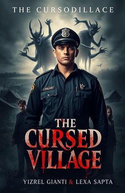 A chilling horror novel cover for "The Cursed Village" featuring a male police officer as the main character, standing resolutely but with a hint of fear
