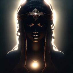 A high-quality digital art image depicting a mysterious goddess shrouded in darkness