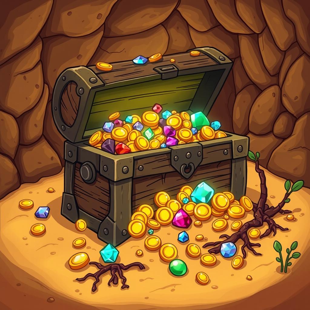 A cartoon-style illustration of an underground treasure chest overflowing with gold coins, sparkling jewels, and shiny trinkets