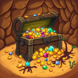 A cartoon-style illustration of an underground treasure chest overflowing with gold coins, sparkling jewels, and shiny trinkets