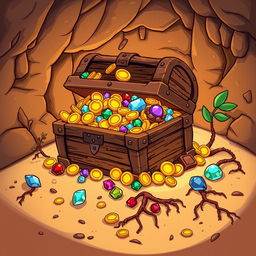 A cartoon-style illustration of an underground treasure chest overflowing with gold coins, sparkling jewels, and shiny trinkets