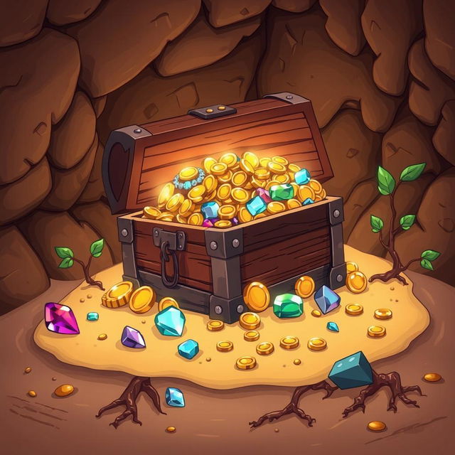 A cartoon-style illustration of an underground treasure chest overflowing with gold coins, sparkling jewels, and shiny trinkets