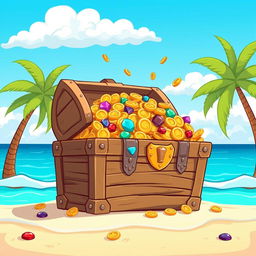 A cartoon-style treasure chest overflowing with gold coins, sparkling jewels, and colorful gems