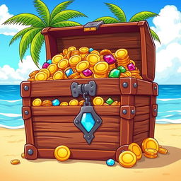 A cartoon-style treasure chest overflowing with gold coins, sparkling jewels, and colorful gems
