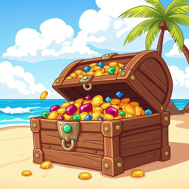 A cartoon-style treasure chest overflowing with gold coins, sparkling jewels, and colorful gems