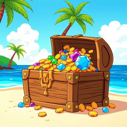 A cartoon-style treasure chest overflowing with gold coins, sparkling jewels, and colorful gems