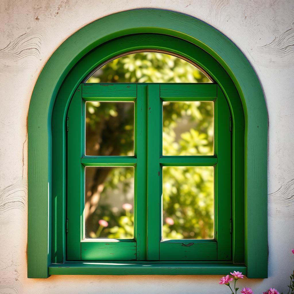 An artistic depiction of an arched rustic window painted in a charming green color