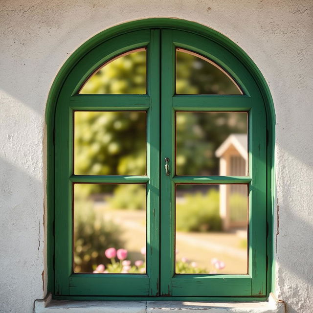 An artistic depiction of an arched rustic window painted in a charming green color