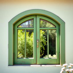 An artistic depiction of an arched rustic window painted in a charming green color