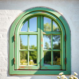 An artistic depiction of an arched rustic window painted in a charming green color