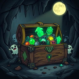 A treasure chest illustrated in a horror cartoon style, overflowing with eerie glowing jewels and cursed artifacts