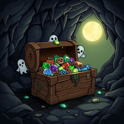 A treasure chest illustrated in a horror cartoon style, overflowing with eerie glowing jewels and cursed artifacts
