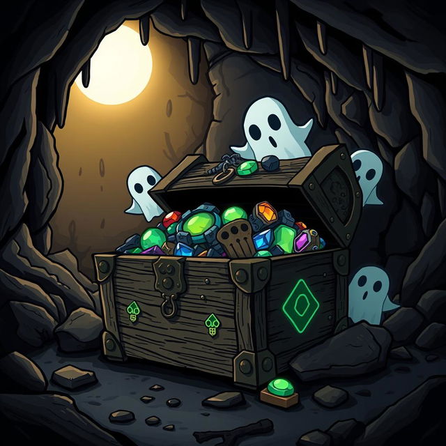 A treasure chest illustrated in a horror cartoon style, overflowing with eerie glowing jewels and cursed artifacts