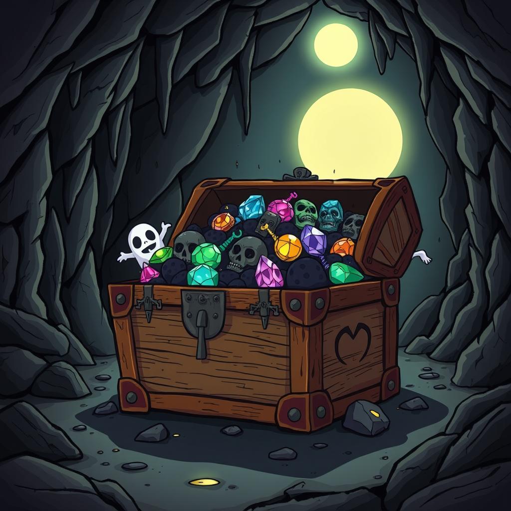 A treasure chest illustrated in a horror cartoon style, overflowing with eerie glowing jewels and cursed artifacts