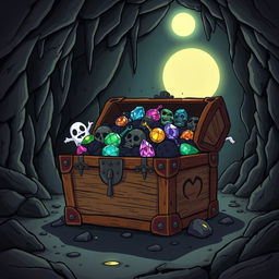 A treasure chest illustrated in a horror cartoon style, overflowing with eerie glowing jewels and cursed artifacts