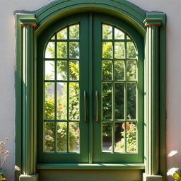 An artistic depiction of an arched rustic window painted in a rich green color